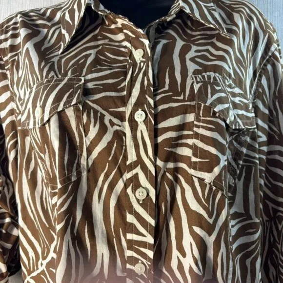 Jones New York Sport Brown & White Zebra Print Button-Up Long Sleeve Shirt - Picture 4 of 13